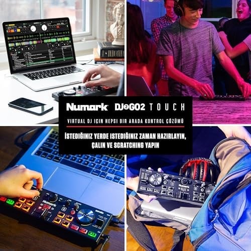 Numark DJ2GO2 Touch – Yolculuk için mini DJ kontrol cihazı – 2 panelli USB DJ konsolu, ses arayüzü ve kapasiteli Jogwheels, 4 Pad modu; yazılım dahil