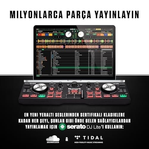Numark DJ2GO2 Touch – Yolculuk için mini DJ kontrol cihazı – 2 panelli USB DJ konsolu, ses arayüzü ve kapasiteli Jogwheels, 4 Pad modu; yazılım dahil