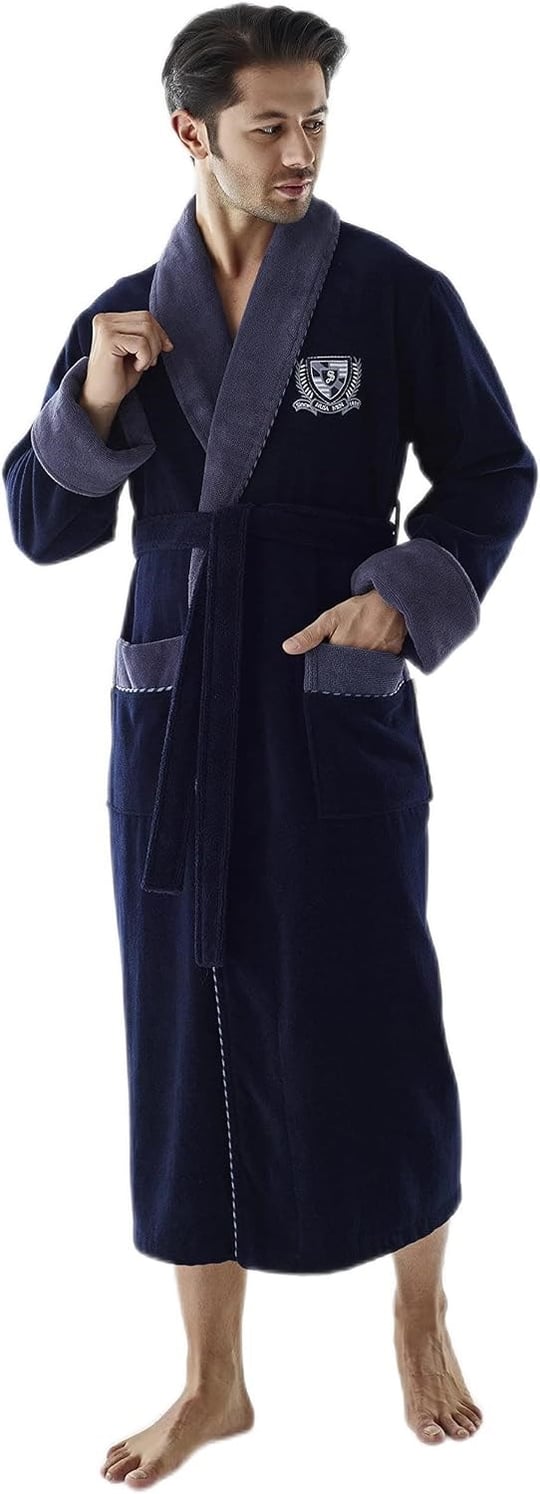 Nusa MEN Nakışlı Bambo Cotton Erkek Bornozu Lacivert L/XL
