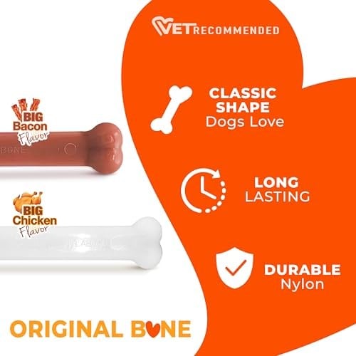 Nylabone 982904 Dura Power Chew, kemik şeklinde, pastırma ve tavuk aromalı ikili paket, büyük köpekler için (23 kga kadar), L