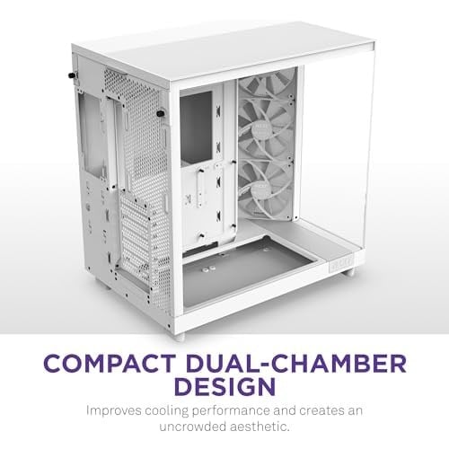 NZXT H6 Flow Orta Kule ATX PC Kasası, Kompakt Çift Odacıklı Tasarım, Panoramik Temperli Cam, Yüksek Hava Akışı, 3x 120mm Fan Dahil, Kablo Yönetimi, Beyaz