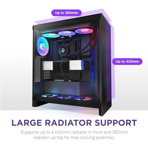NZXT H7 Flow RGB | fanlı orta kule ATX hava akışı muhafazası | doğrudan GPU soğutma için zeminde fan destekler | 360 mm tek çerçeveli fan | kablo yönetimi | siyah