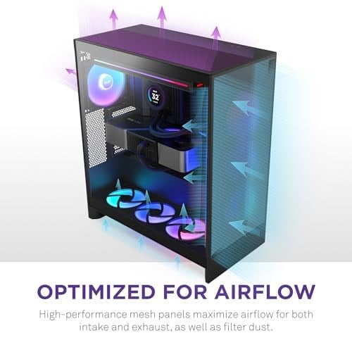 NZXT H7 Flow RGB | fanlı orta kule ATX hava akışı muhafazası | doğrudan GPU soğutma için zeminde fan destekler | 360 mm tek çerçeveli fan | kablo yönetimi | siyah