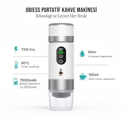 Obıess Taşınabilir Espresso Kahve Makinesi Siyah Şarjlı Kapsül ve Öğütülmüş Kahve ile Uyumlu V3