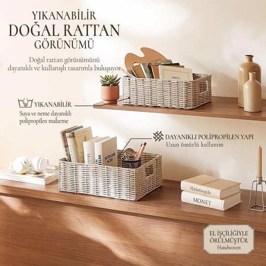 Ocean Home Textile 2li Yıkanabilir Gri Pp Rattan Sepet Set 33 X 23 X 11 / 39 X 29 X 13 Cm