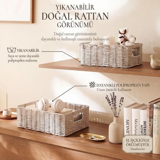 Ocean Home Textile 2li Yıkanabilir Gri Pp Rattan Sepet Set 30 X 20 X 11 / 36 X 26 X 12 Cm