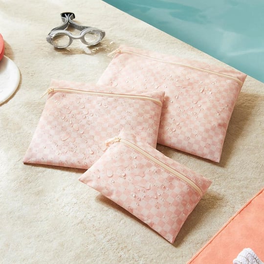 Ocean Home Textile 3lü Su Geçirmez Pvc Astarlı Pembe Dama Desen Islak Kuru Çantası 20 X 13 / 24 X 20 / 30 X 24 Cm