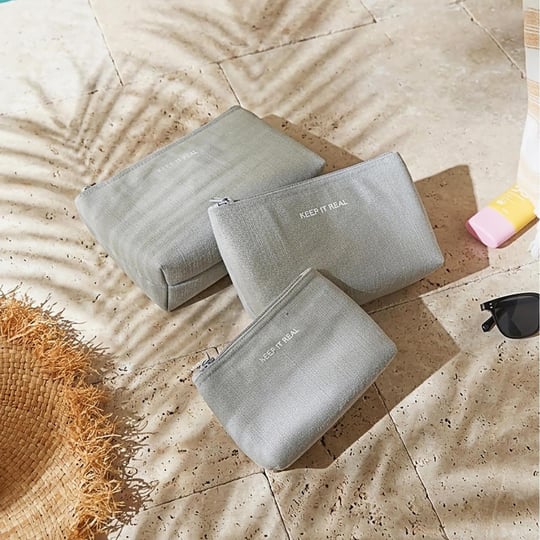 Ocean Home Textile 3lü Termal Astarlı Su İtici Leke Tutmaz Gri Renk Jüt Keten Makyaj İlaç Çantası Seti 15 X 11 X 6 / 19 X 13 X 7