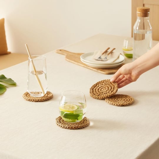 Ocean Home Textile 4lü Bej Renk Rafya Bardak Altlığı Ø 11 Cm