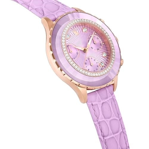 Octea chrono Saat İsviçre Üretimi, Deri kayış, Mor, Pembe altın rengi yüzey