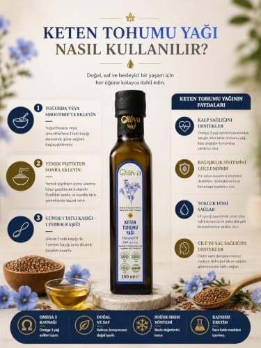 Oiliva Soğuk Sıkım Keten Tohumu Yağı 250ml –%100 Doğal, Katkısız, Omega-3 Zengini, Cam Şişede Saf Yağ