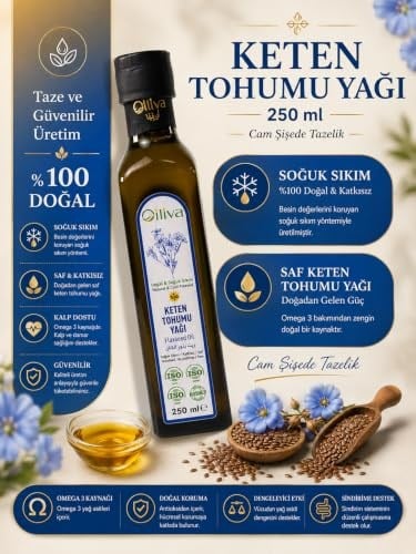 Oiliva Soğuk Sıkım Keten Tohumu Yağı 250ml –%100 Doğal, Katkısız, Omega-3 Zengini, Cam Şişede Saf Yağ