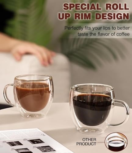 OJA 6 oz Espresso Bardak Seti 4, Kulplu Çift Duvar Cam Kupalar Kapuçino, Latte, Çay, Şeffaf Cam Espresso Shot Bardakları Espresso Makinesi için Uygun
