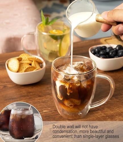 OJA Çift Duvar Cam Kahve Kupaları 4lü Set, Elle Üflemeli 354 ml Şeffaf Cam Kahve Fincanı, Yalıtımlı Çay Kupası, Espresso, Cappuccino, Latte, Amerikan, Çay Poşeti, İçecek, Babalar Günü Hediyesi için