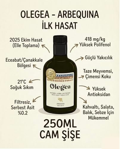 Olegea Erken Hasat Soğuk Sıkım Natürel Sızma Zeytinyağı (Arbequina) - 418 mg/kg Yüksek Polifenol, 0.2 Asidite (250 ml)