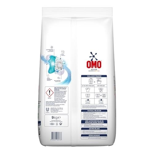 Omo Active Beyazlar ve Renkliler için Toz Çamaşır Deterjanı, 9 kg, 60 Yıkama, 1 Paket (1 x 9000 g)