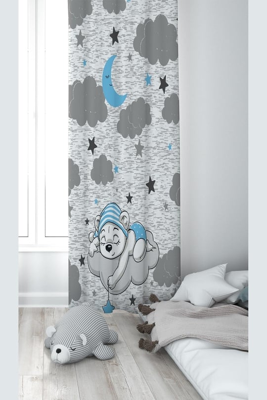 ontheclouds Ayıcık Desenli Dijital Baskı Fon Perdesi, 70 x 270, FONPRD9, gri-mavi