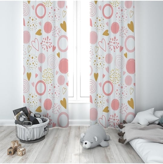 ontheclouds Beyaz Kalp Desenli Dijital Baskı Bebek Çocuk Fon Perdesi, 140 x 270, FONPRD19, pembe inek desen