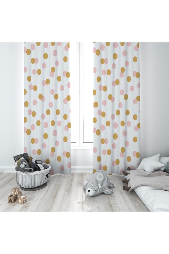 ontheclouds Beyaz Puantiyeli Dijital Baskı Bebek Çocuk Fon Perdesi, 70 x 270, FONPRD19, pembe-çizgili