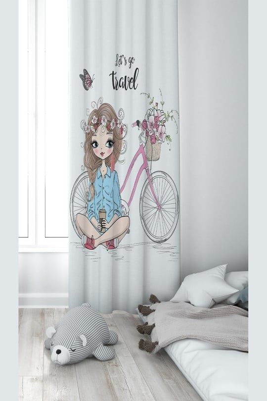ontheclouds Bisikletli Kız Desenli Bebek Çocuk Odası Fon Perdesi, 140 x 270, FONPRD8, krem-mavi