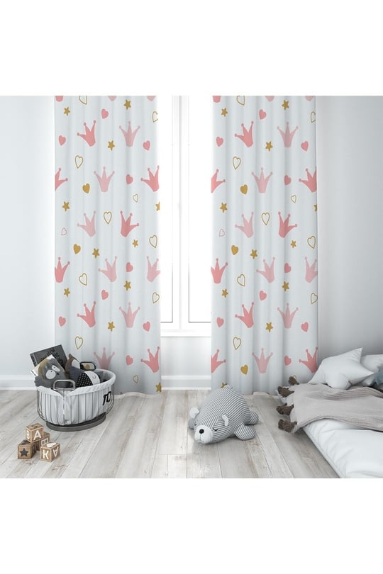ontheclouds Taç Desenli Dijital Baskı Bebek Çocuk Fon Perde, 70 x 240, FONPRD19, beyaz-pembe-gold