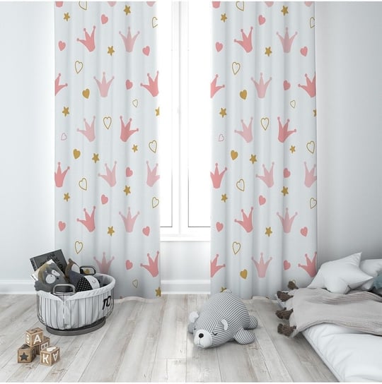 ontheclouds Taç Desenli Dijital Baskı Bebek Çocuk Fon Perde, 70 x 240, FONPRD19, beyaz-pembe-gold