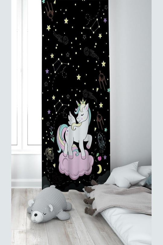 ontheclouds Unicorn Desenli Dijital Baskı Fon Perdesi, 70 x 270, FONPRD17, koyu siyah