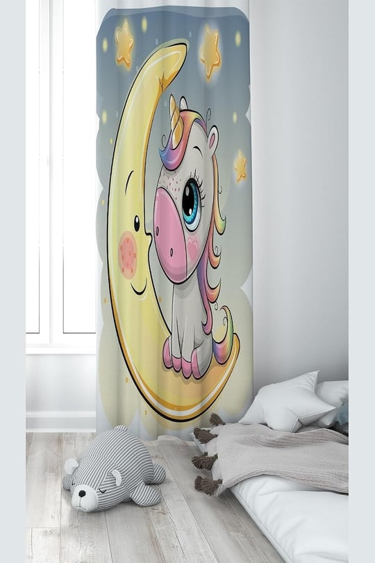 ontheclouds Unicorn ve Ay Desenli Dijital Baskı Fon Perdesi, 70 x 200, FONPRD15, sarı-gri