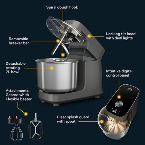 Ooni Halo Pro spiral mikser – hamur yoğurma makinesi, başlıklı 7,3 litre kapasite, 58 hız kademesi – Renk: Antrasit gri