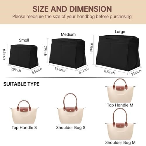 OPPOSHE Longchamp Le Pliage için Çanta Düzenleyici Ekleme, Premium Keçe Uzun Şampiyon Çanta El Çantası Kadın Bez Düzenleyici Ekleme 9 Bölmeli (Büyük, Siyah)