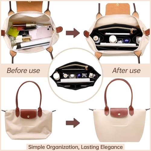 OPPOSHE Longchamp Le Pliage için Çanta Düzenleyici Ekleme, Premium Keçe Uzun Şampiyon Çanta El Çantası Kadın Bez Düzenleyici Ekleme 9 Bölmeli (Büyük, Siyah)