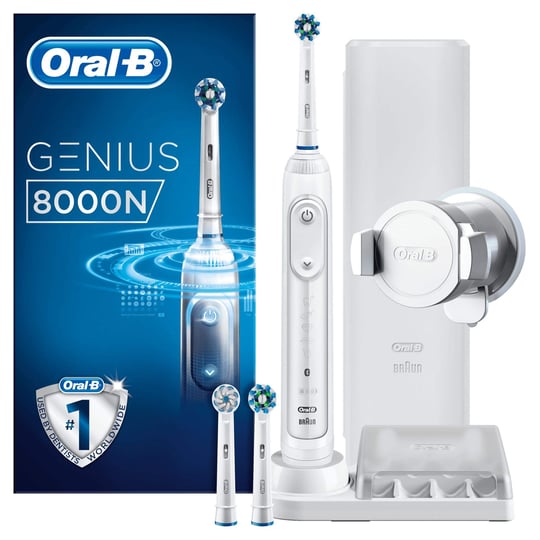 Oral-B Genius 8000N Elektrikli Diş Fırçası, Bluetooth Bağlantılı, 3 Fırça Başlığı, Seyahat Kılıfı, Beyaz/Gümüş