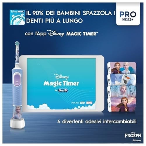 Oral-B Pro Kids Elektrikli Diş Fırçası Çocuk, Disney Frozen 1 Yumuşak Fırça, 1 Seyahat Çantası, Zamanlayıcı ve Titreşim, Şarj Edilebilir Pil, 4 Çıkartma, 3 Yaş ve Üstü