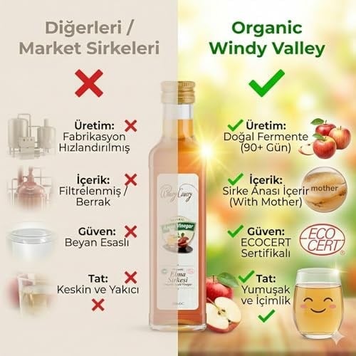 Organic Windy Valley Organik Elma Sirkesi (Sirke Analı) / Apple Vinegar (With the Mother) (500ml), ECOCERT Sertifikalı & İzlenebilir - İçimlik, Cam Şişe