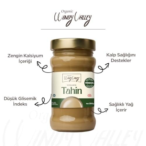 Organic Windy Valley Tahin/ECOCERT Sertifikalı (300gr) Cam Kavanoz-Veganlara Uygun-Glutensiz-Yerli Susam-Helal-