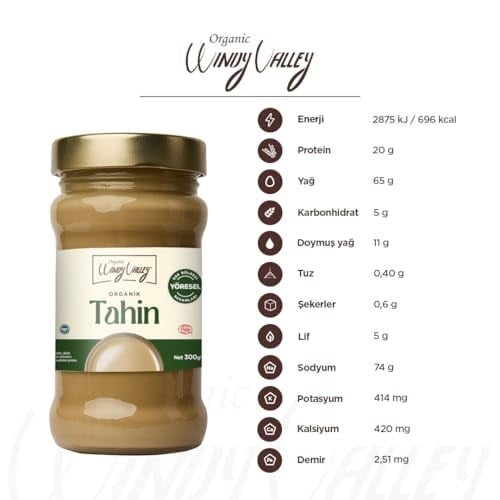 Organic Windy Valley Tahin/ECOCERT Sertifikalı (300gr) Cam Kavanoz-Veganlara Uygun-Glutensiz-Yerli Susam-Helal-