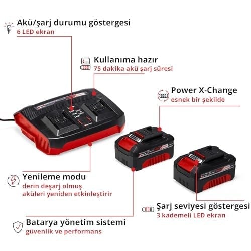 Orijinal Einhell Power X-Change Başlangıç Kiti Akü ve Şarj Cihazı (Li-Ion, 18 V, 2 x 4.0 Ah akü ve Twincharger şarj cihazı, tüm Power X-Change cihazları ile uyumlu) - 4512112