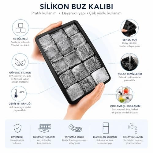 Orret Home 2 Adet Kare Buz Kalıbı, 15 Bölmeli Çok Amaçlı Buz Küpü Kalıbı, Kolay Serbest Bırakma Özelliği, Kahve ve Ev Yapımı İçecekler için İdeal Dondurucu Kalıpları (2 Adet)