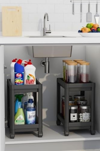 Orret Home 2 Katlı Tekerlekli Tezgah Altı Raf Organizer Düzenleyici Raf Ünitesi, Evye Altı Dolap İçi Düzenleyici, Mutfak Banyo Deterjanlık Şampuanlık Sebzelik,Taşınabilir Saklama Rafı (Siyah)