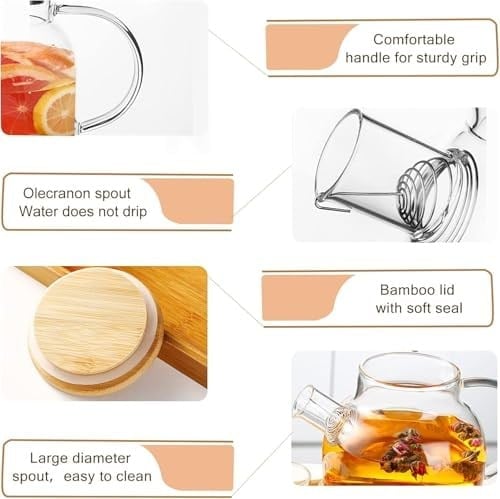 Orret Home Bambu Kapaklı Kendinden Süzgeçli Borosilikat Cam Demlik – 1000 ml Isıya Dayanıklı Termisil Cam Çay, Kahve ve Bitki Çayı Demliği, Cam Çaydanlık