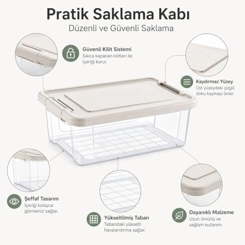 Orret Home Kilitli Saklama Kabı Şeffaf Organizer PP Plastik Gıda Saklama Kabı Kapaklı Buzdolabı Düzenleyici İstiflenebilir Çok Amaçlı Saklama Kutusu (12 Litre)