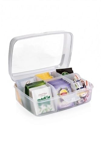 Orret Home Şeffaf Kapaklı Kilitli 6 Bölmeli Çay Kutusu, Paket Çay Saklama Kutusu, Çay Organizer Kutusu, Mutfak Çay Düzenleyici, Bölmeli Çay Saklama Kabı