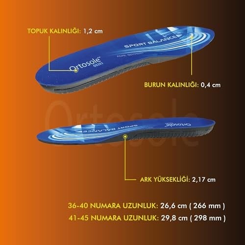 ortosole comfort insoles Spor ve Koşu Tabanlığı, Çift Taraflı Kemer Destekli, Atletik Ayakkabı Tabanı - Performans (36-40)