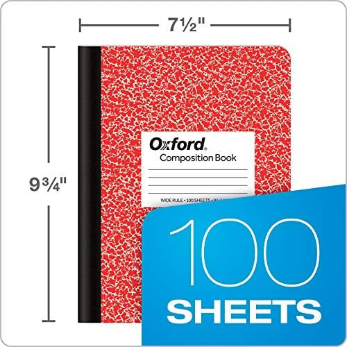 Oxford Kompozisyon not defteri, 6lı paket, geniş çizgili kağıt, 24,9 x 18,8 cm, 100 yaprak, çeşitli mermer cilt, her biri 2 adet: mavi, yeşil, kırmızı (63762)