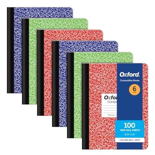 Oxford Kompozisyon not defteri, 6lı paket, geniş çizgili kağıt, 24,9 x 18,8 cm, 100 yaprak, çeşitli mermer cilt, her biri 2 adet: mavi, yeşil, kırmızı (63762)