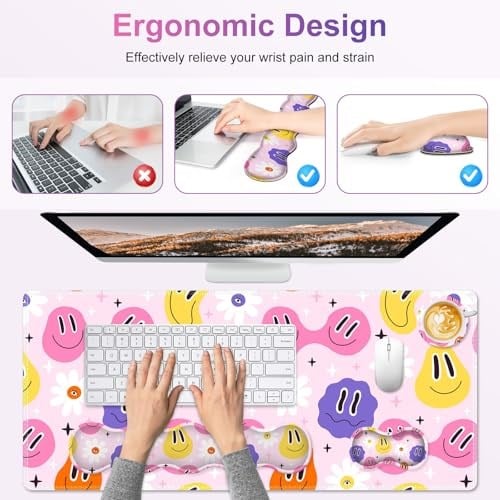 Oyun Mouse Pad Bilek Desteği: 4ü 1 Arada Fare Altlığı Seti, Bilek ve Klavye Dayanımlı Fare Altlığı Seti, Bilgisayar Masası Mat, Bellek Köpüklü Kaymaz Masa Pedi Koruyucu Ev Ofis için Kolay Yazma Ağrı