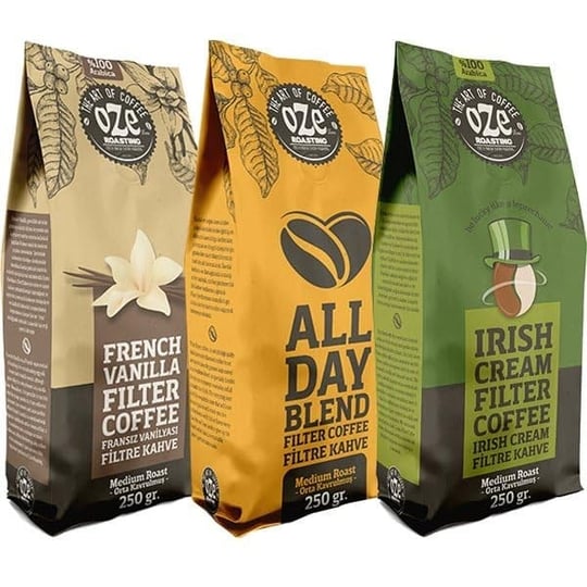 Ozeline Aromalı Filtre Kahve Tanışma Seti – Çekirdek Kahve – 3’lü 250 g – Irish Cream, All Day Blend, Vanilya