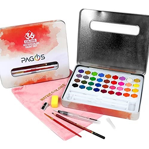 PAGOS suluboya boya suluboya boya kutusu sanat seti, 36 canlı renk ve 10 yaprak suluboya kağıdı, fırça, sünger, mum boya, plastik fırça, öğrenciler, ço - Seçenekler: 1 Stück (1er Pack), 15 parçalı set