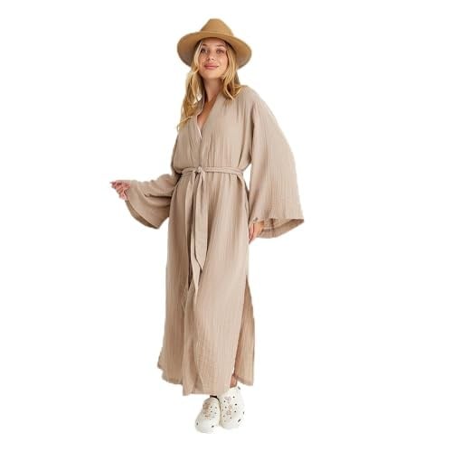 Pamuklu Dokuma Beli Kuşaklı Maxi Kadın Kimono Kaftan | Plaj Kimono | Müslin Kimono Uzun Plaj Bol Uzun Boho Bikini Cover Up Büyük Beden Hafif Kadın Plaj Kıyafeti Plaj Elbisesi Pareo