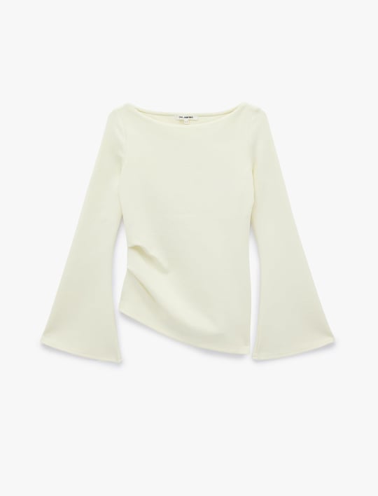 Pamuklu Drapeli Asimetrik Kesim Uzun İspanyol Kol Tişört - Bedenler: S, X Small, M, L, X Large, XXL